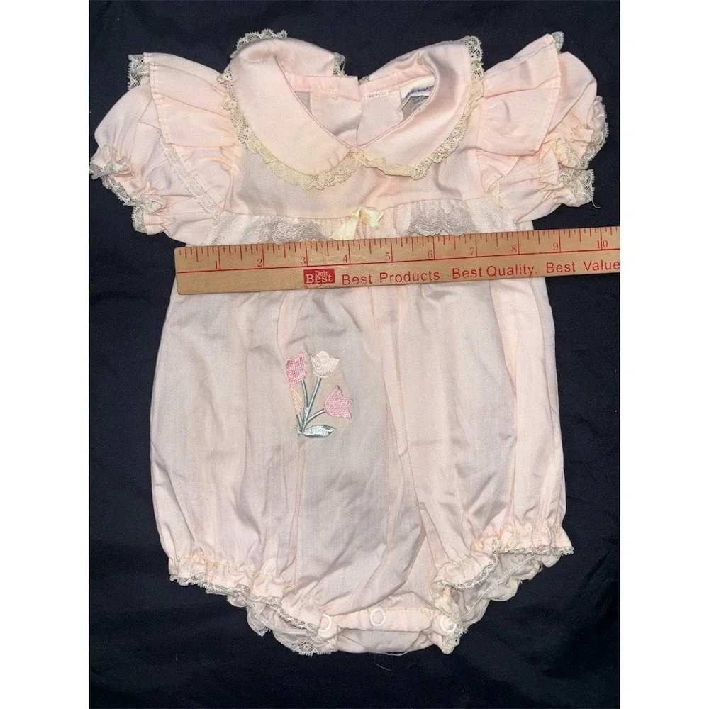 Vintage Alexis Baby Girl Bubble Romper Pink Lace Collar Tulip 0-3 newborn USA